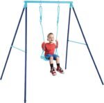 Swing set A-Frame metal stand shown fully assembled in a backyard setting.