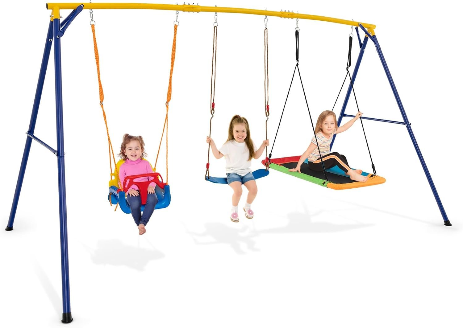 Costzon 3-in-1 Platform Baby Belt Swing Set Swing Set for Kids showing the full assembly with baby swing, belt swing, and large platform swing.