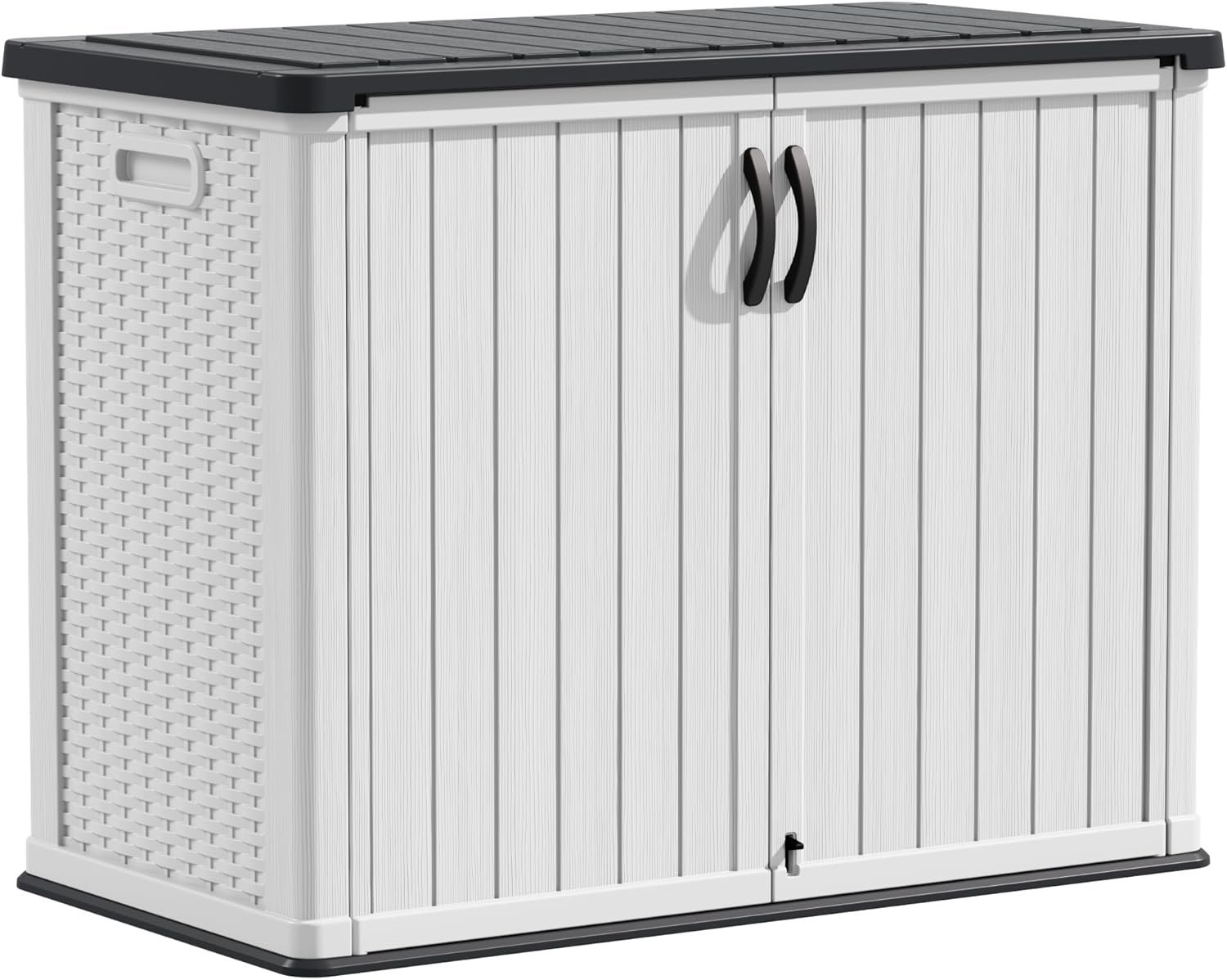 Devoko 26 Cu Ft Horizontal Outdoor Storage Shed shed full view showing the large 26 cubic feet horizontal storage capacity and white color.